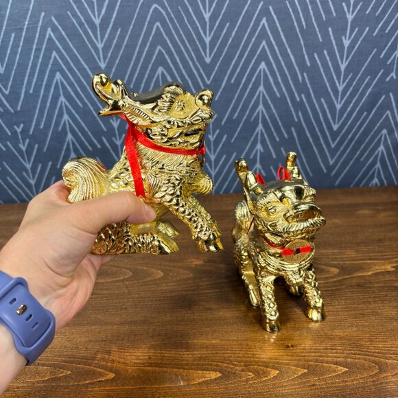 Gold Pixiu Statues Feng Shui Decor Pair of Chinese Dragon Lion Guardian Figures - Picture 11 of 14